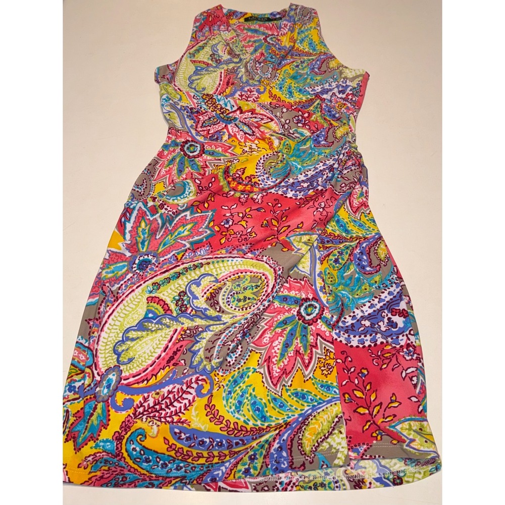 Lauren Ralph Lauren Stretchy Paisley Ruched Sheath Tank Top Dress Multi Color 6